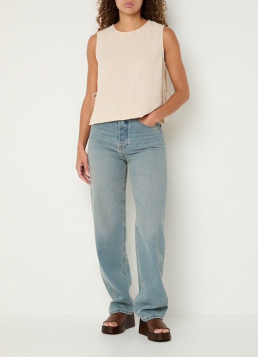 Neo Noir Svetlana top in linnenblend met strikdetail - voorkant 2 zand