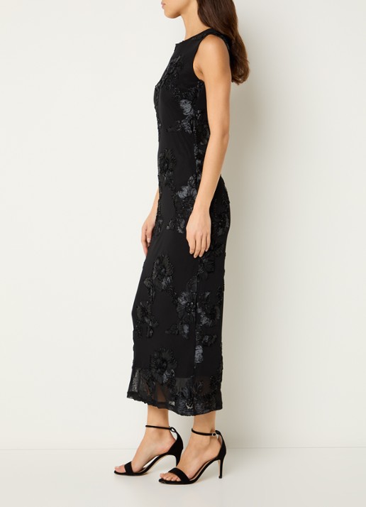Neo Noir Trianna maxi jurk van mesh met bloemborduring - voorkant 3 zwart
