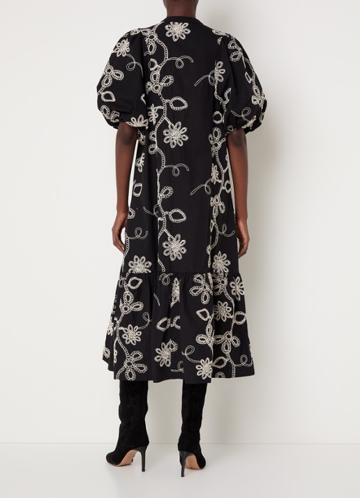 Neo Noir Veronica maxi blousejurk met bloemborduring en pofmouw - achterkant zwart