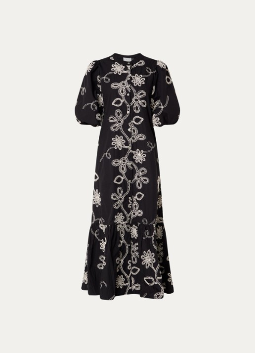 Neo Noir Veronica maxi blousejurk met bloemborduring en pofmouw - voorkant 3 zwart
