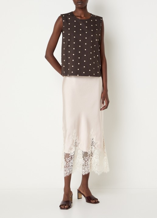 Neo Noir Yelina midi rok van satijn met details van kant - voorkant 4 creme