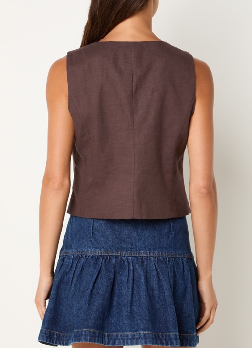Neo Noir Yula gilet in linnenblend - achterkant donkerbruin