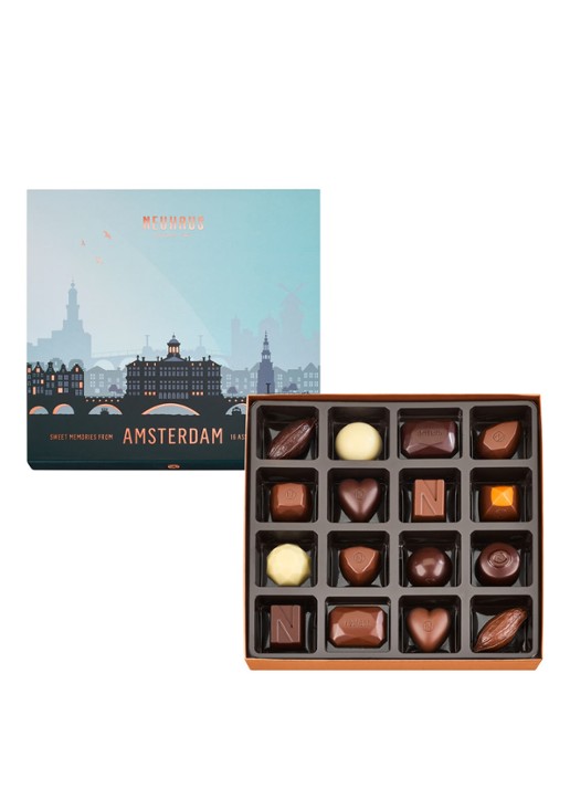 Neuhaus Amsterdam Souvenir Box bonbons 16 stuks  - voorkant 2 lichtblauw