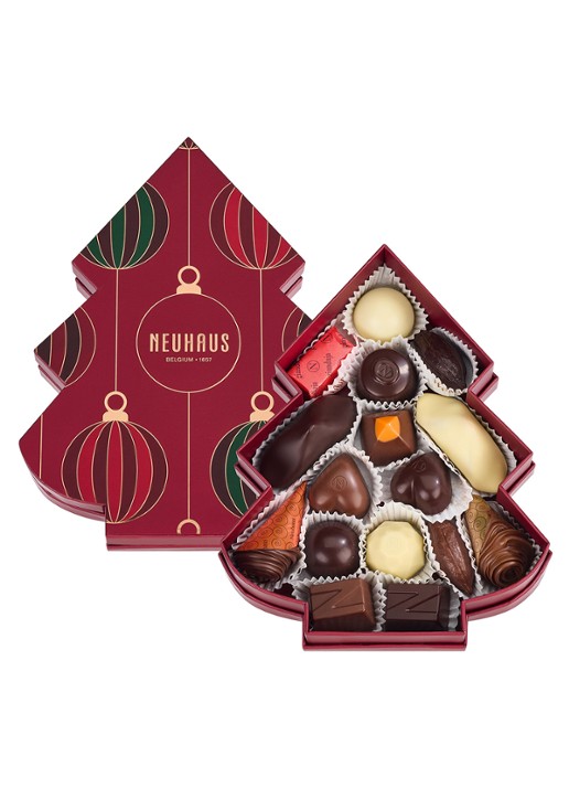 Neuhaus Kerstboom chocolade bonbons in geschenkverpakking 16 stuks - voorkant 3 rood
