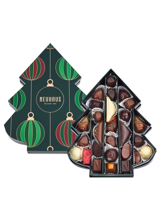 Neuhaus Kerstboom chocolade bonbons in geschenkverpakking 27 stuks - voorkant 4 donkergroen