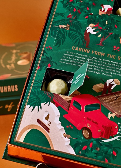 Neuhaus The Origin of Chocolate adventskalender met chocolade - 25 dagen - detail 2 beige