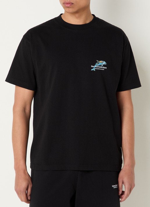 New Amsterdam Surf Association Dolphin T-shirt met logo- en backprint - achterkant 2 zwart