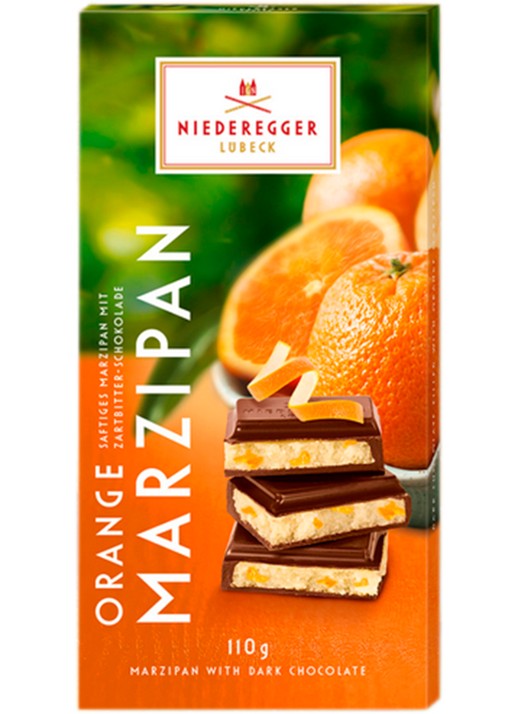 Niederegger Pure chocoladereep met sinaasappel marsepein vulling 110 gram
