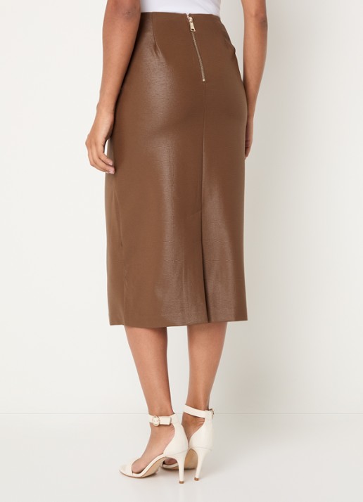NIKKIE Aelena midi rok van imitatieleer met split - achterkant 4 cognac