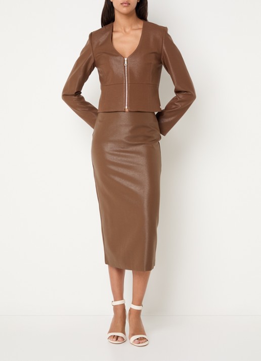 NIKKIE Aelena midi rok van imitatieleer met split - voorkant 2 cognac