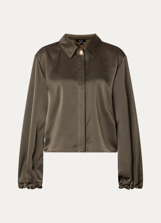 NIKKIE Aivy blouse van satijn met ruches - voorkant mosgroen