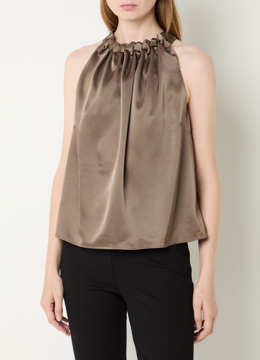 NIKKIE Aivy mouwloze haltertop van satijn - detail 4 khaki