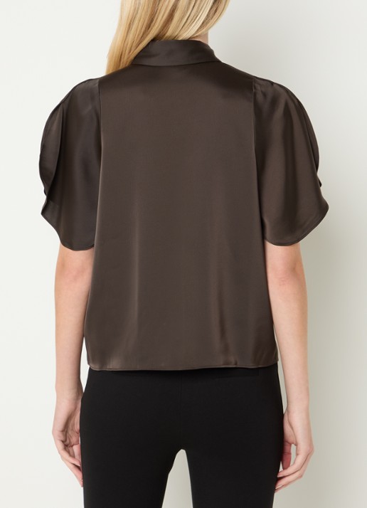 NIKKIE Alethe blouse van satijn met pofmouw - achterkant 3 chocoladebruin