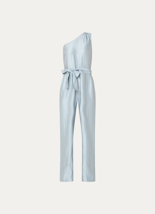 NIKKIE Alira loose fit jumpsuit met asymmetrische hals - voorkant lichtblauw