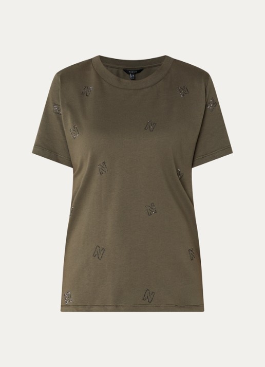 NIKKIE Allover N T-shirt met logoprint en strass - voorkant donkergroen
