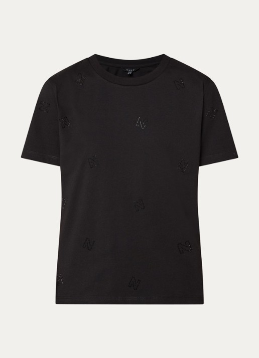 NIKKIE Allover N T-shirt met logoprint en strass - voorkant 3 zwart