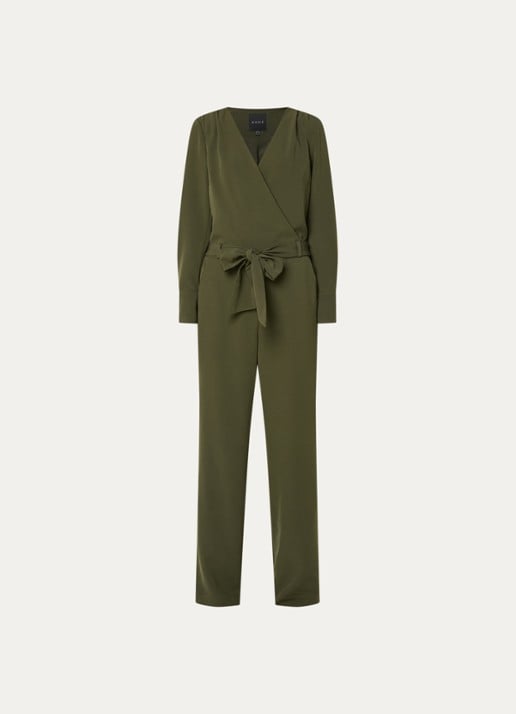 NIKKIE Amine loose fit jumpsuit met strikceintuur - voorkant 3 donkergroen