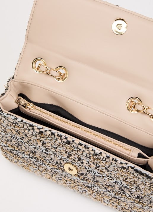 NIKKIE Ann Tweed schoudertas in wolblend met glitter - detail donkerbeige