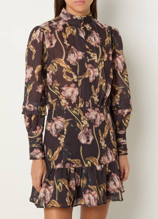 NIKKIE Apillone mini blouse jurk met boemenprint en volant - detail 2 chocoladebruin