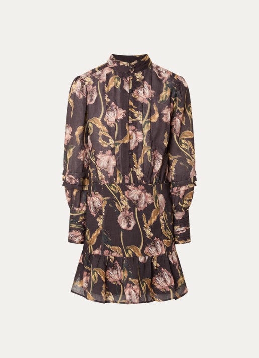 NIKKIE Apillone mini blouse jurk met boemenprint en volant - voorkant 3 chocoladebruin