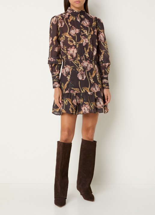 NIKKIE Apillone mini blouse jurk met boemenprint en volant - voorkant 4 chocoladebruin