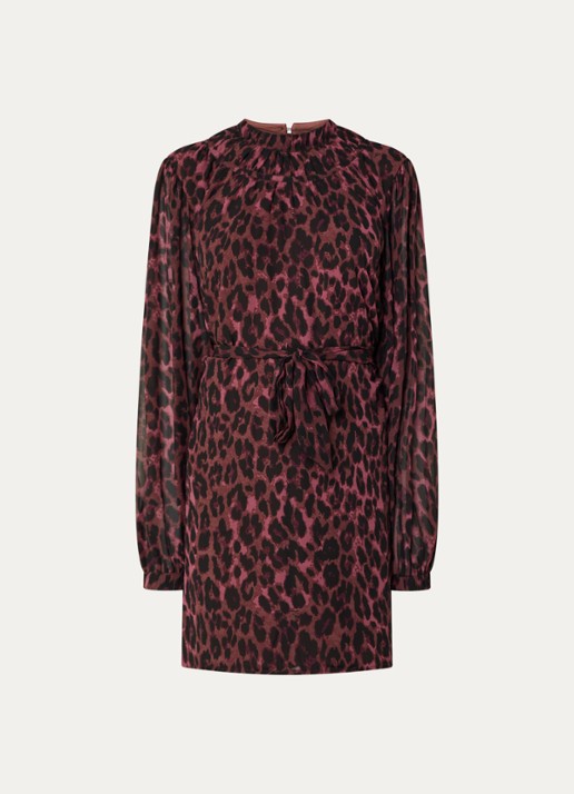 NIKKIE Arabella mini jurk met dierenprint - voorkant aubergine