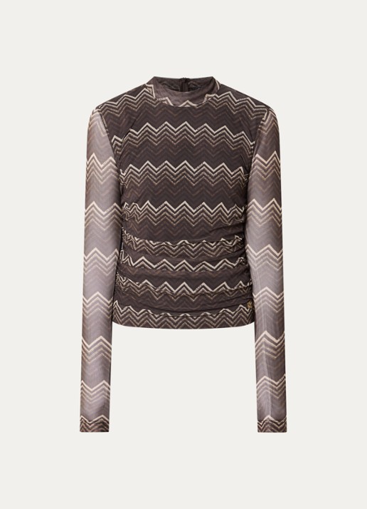 NIKKIE Ariva semi-transparante top van mesh met ruches en print - voorkant 3 chocoladebruin