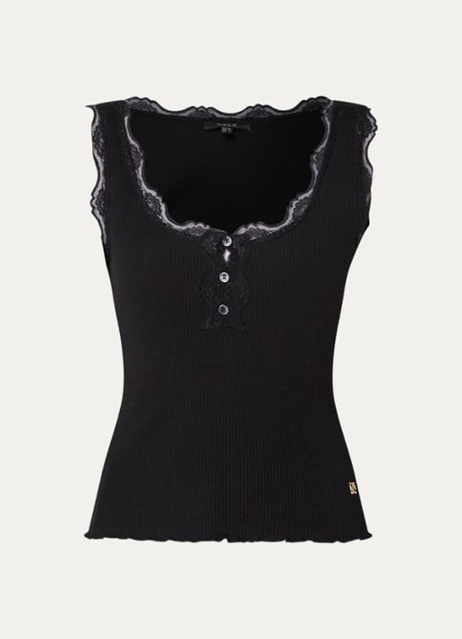 NIKKIE Arlynn tanktop met ribstructuur en details van kant - voorkant 3 zwart