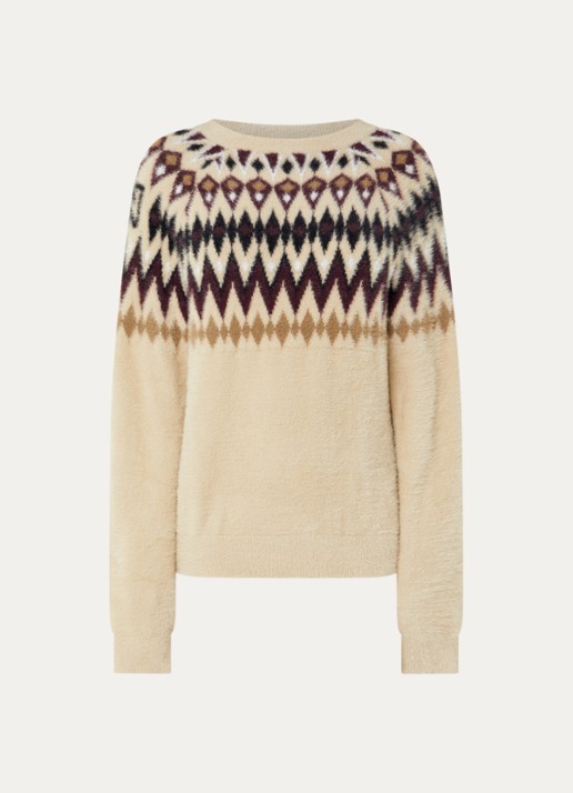 NIKKIE Aster fijngebreide pullover met ingebreid dessin - voorkant creme