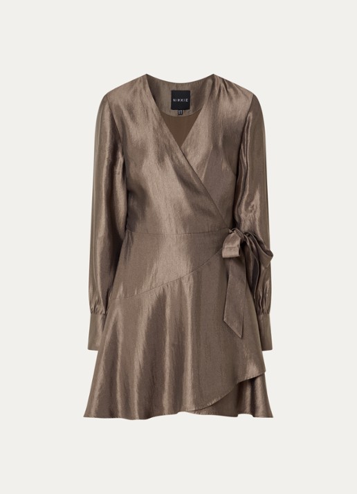 NIKKIE Mini jurk met strikceintuur - voorkant lichtbruin