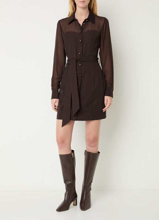 NIKKIE Olarisa mini blousejurk met strikceintuur  - voorkant 3 donkerbruin