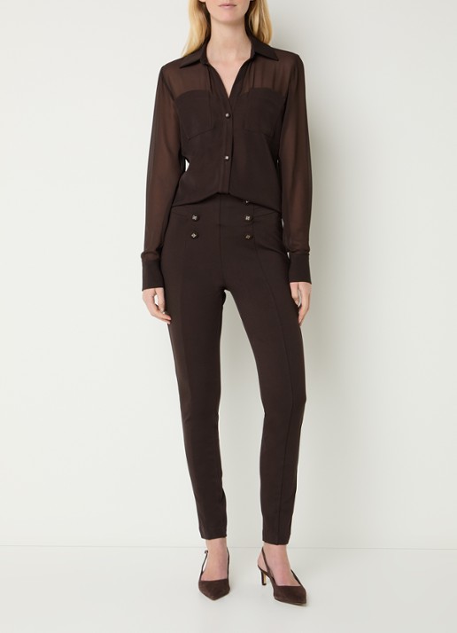 NIKKIE Oroville high waist skinny fit broek met sierknopen - voorkant 4 donkerbruin