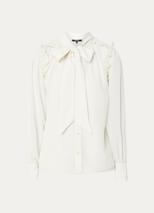 NIKKIE Pragues blouse met volant en sjaalkraag - voorkant beige