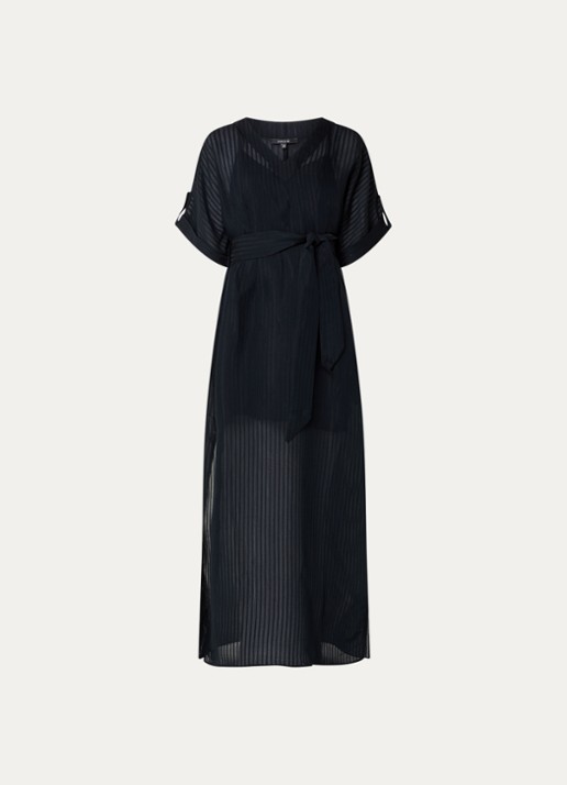 NIKKIE Qaftan maxi tuniek jurk met streepprint en strikceintuur - voorkant 2 zwart