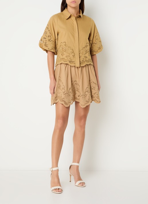 NIKKIE Rabano mini A-lijn rok met broderie - voorkant 4 camel