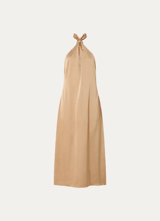 NIKKIE Ribe midi halter jurk van satijn  - voorkant 2 zand