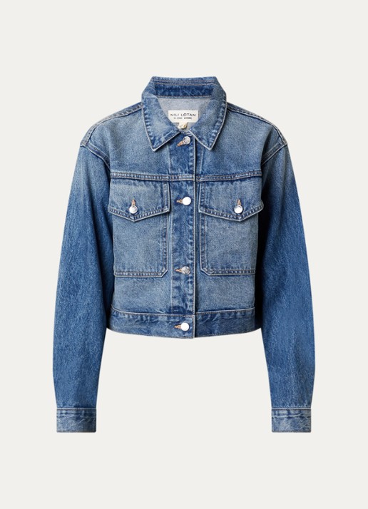 Nili Lotan Clement cropped spijkerjas met klepzakken - voorkant indigo