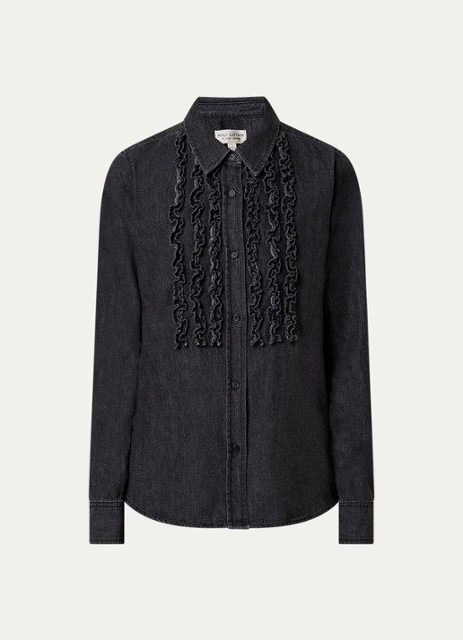 Nili Lotan Emilie blouse van denim met ruches - voorkant 4 zwart