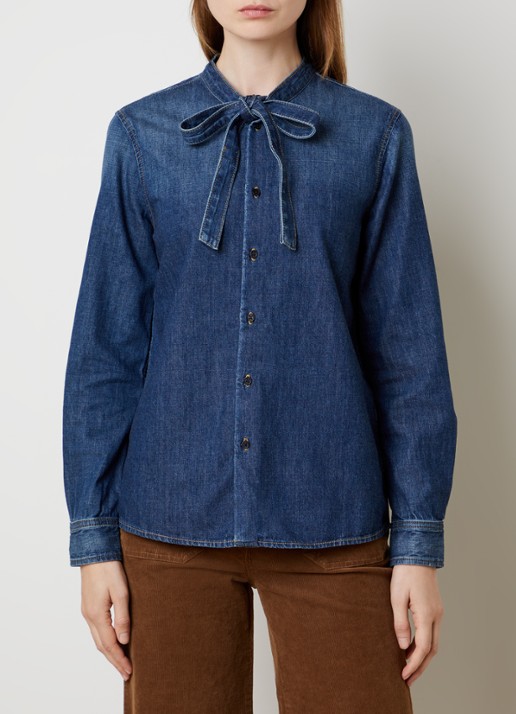 Nili Lotan Suzette blouse van denim met sjaalkraag - detail 3 blauw