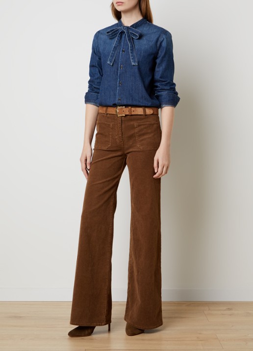 Nili Lotan Suzette blouse van denim met sjaalkraag - voorkant 2 blauw
