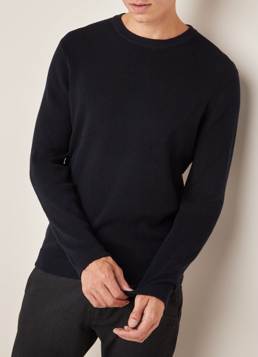 NN.07 Julian pullover van katoen met structuur - detail 4 donkerblauw