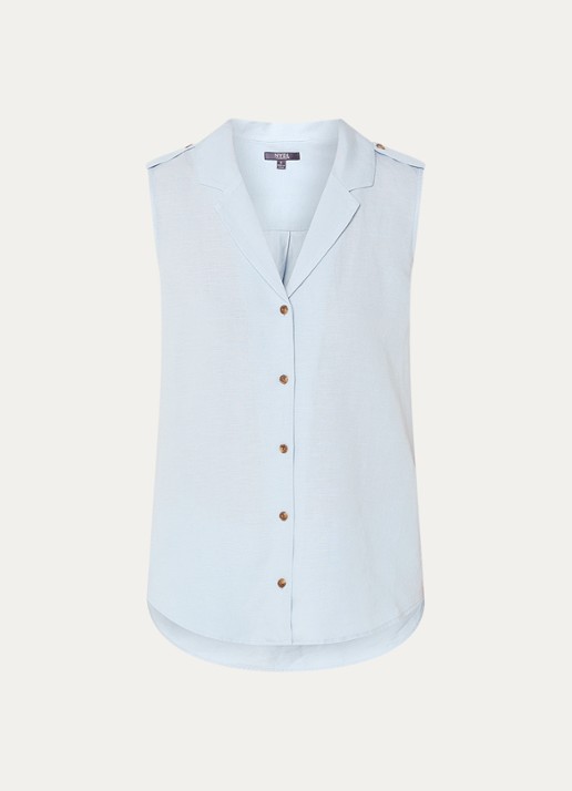 NYDJ Gabrielle mouwloze blouse in linnenblend - voorkant 3 lichtblauw