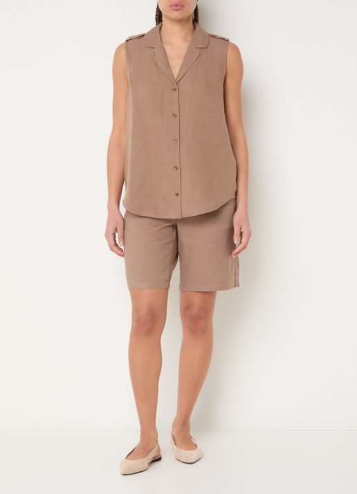 NYDJ Gabrielle mouwloze blouse in linnenblend - voorkant 3 camel