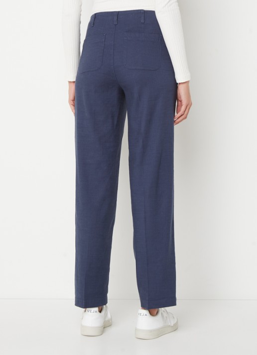 NYDJ Marilyn high waist straight fit broek in linnenblend met steekzakken - achterkant donkerblauw