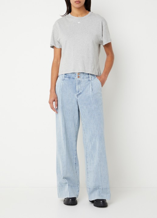 NYDJ Simone mid waist wide leg jeans met streepprint - voorkant 2 lichtblauw
