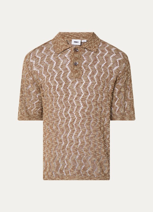 Obey Andre grofgebreide regular fit polo met opengewerkt dessin - voorkant 2 donkerbeige