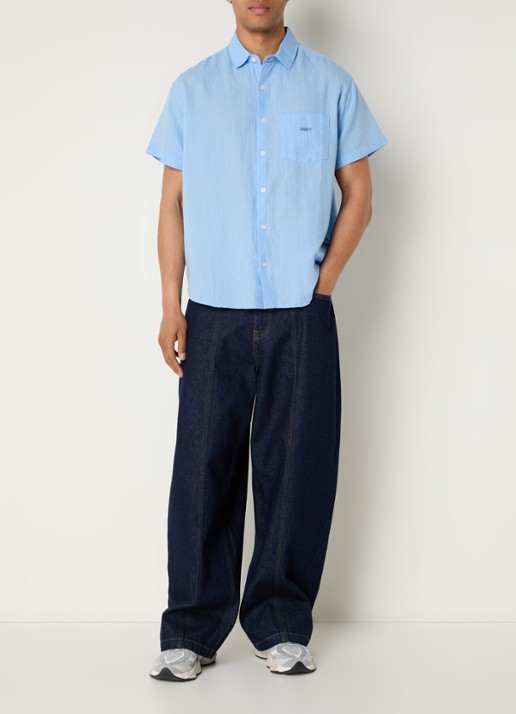 Obey Barry regular fit overhemd in linnenblend met borstzak - voorkant 2 blauwgrijs