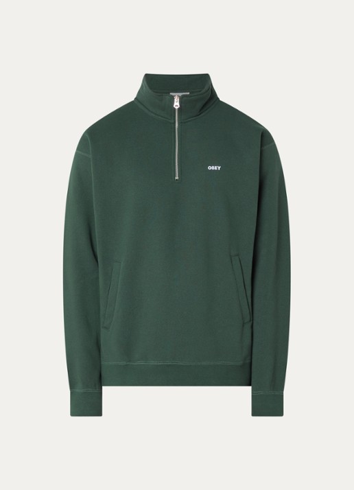 Obey Established Works sweater met halve rits en logoborduring - voorkant donkergroen