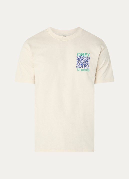 Obey Grown With Love T-shirt met logo- en backprint - voorkant beige