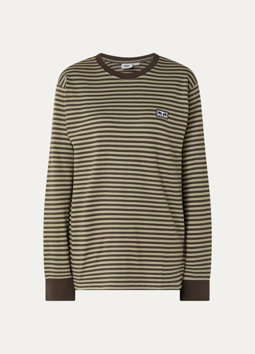 Obey Long sleeve met streepprint en logo - voorkant 2 lichtgrijs